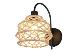 Boho LED Wandleuchte mit Schalter & Lampenschirm geflochten Hanfseil, Höhe 32cm
