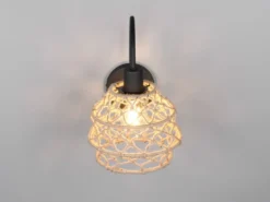 Boho LED Wandleuchte mit Schalter & Lampenschirm geflochten Hanfseil, Höhe 32cm