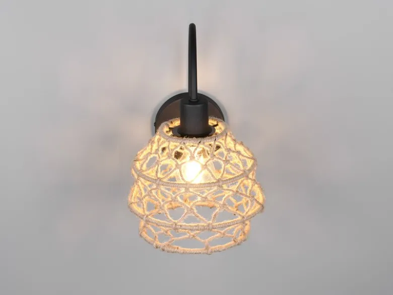 Boho Wandleuchte HIVE mit Schalter & Lampenschirm geflochten Hanfseil, H: 32cm