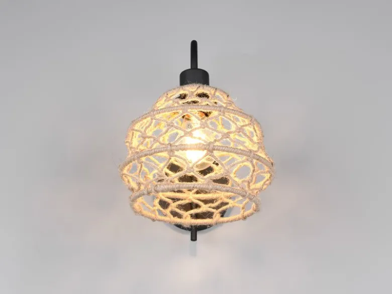 Boho Wandleuchte HIVE mit Schalter & Lampenschirm geflochten Hanfseil, H: 32cm