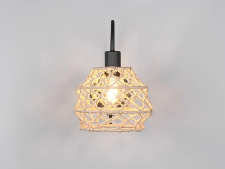 Boho Wandleuchte HIVE mit Schalter & Lampenschirm geflochten Hanfseil, H: 32cm