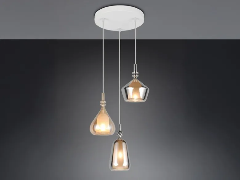 Cluster Pendelleuchte ALDEA 3-flammig Glas Bernstein & Chrom verspiegelt, Ø 35cm