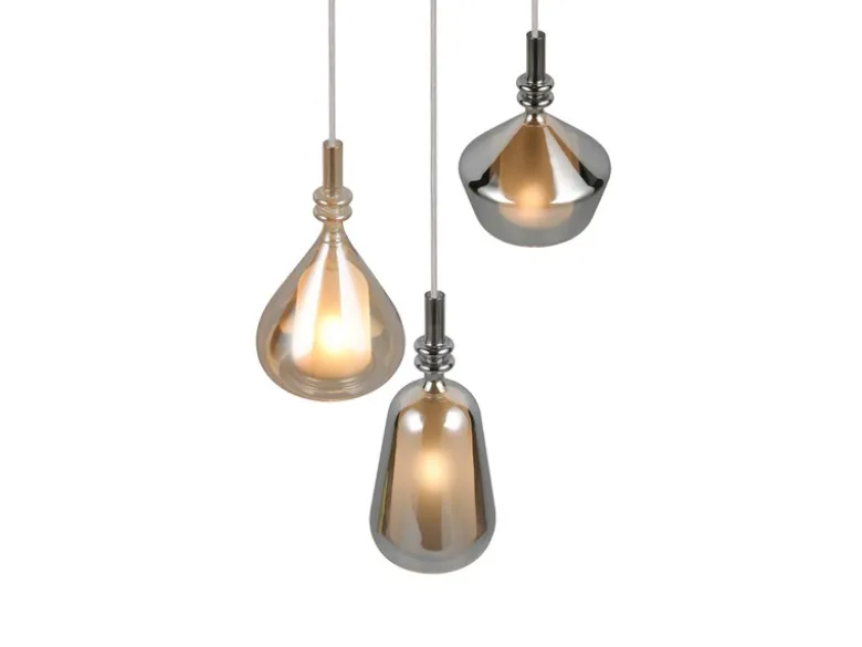 Cluster Pendelleuchte ALDEA 3-flammig Glas Bernstein & Chrom verspiegelt, Ø 35cm