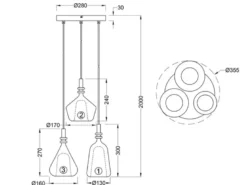 Cluster Pendelleuchte ALDEA 3-flammig Glas Bernstein & Chrom verspiegelt, Ø 35cm