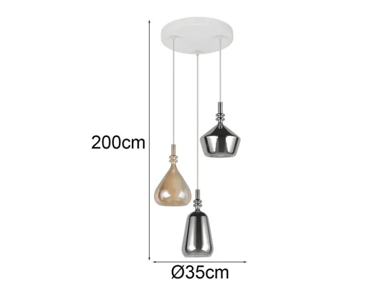 Cluster Pendelleuchte ALDEA 3-flammig Glas Bernstein & Chrom verspiegelt, Ø 35cm