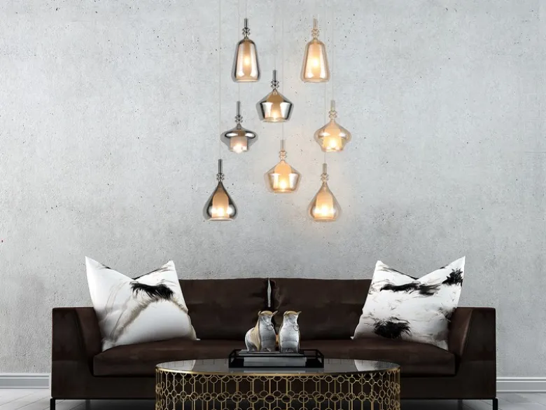 Cluster Pendelleuchte ALDEA 8-flammig Glas Bernstein & Chrom verspiegelt, Ø 72cm