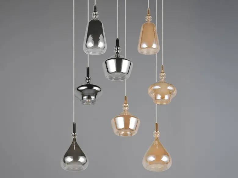 Cluster Pendelleuchte ALDEA 8-flammig Glas Bernstein & Chrom verspiegelt, Ø 72cm