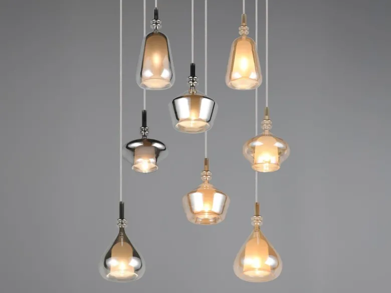 Cluster Pendelleuchte ALDEA 8-flammig Glas Bernstein & Chrom verspiegelt, Ø 72cm