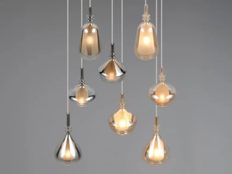 Cluster Pendelleuchte ALDEA 8-flammig Glas Bernstein & Chrom verspiegelt, Ø 72cm