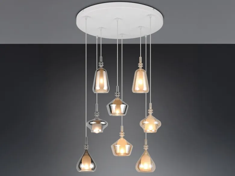 Cluster Pendelleuchte ALDEA 8-flammig Glas Bernstein & Chrom verspiegelt, Ø 72cm