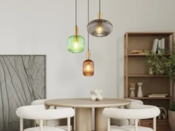 Cluster Pendelleuchte NORMY 3-flammig aus Rillenglas Bunt, Ø 55cm
