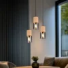 Cluster Pendelleuchte YELLE 3-flammig Lampenschirme Holz & Rauchglas Ø 37cm