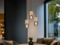 Cluster Pendelleuchte YELLE 3-flammig Lampenschirme Holz & Rauchglas Ø 37cm