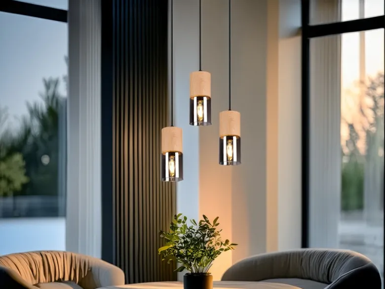 Cluster Pendelleuchte YELLE 3-flammig Lampenschirme Holz & Rauchglas Ø 37cm