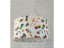 Coole Baustelle LED Hängelampe für Kinderzimmer mit Stoffschirm, bunt Ø 35cm