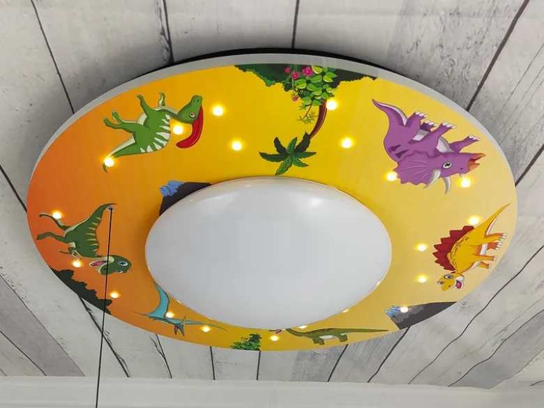 Coole LED Deckenleuchte Dino Motiv fürs Kinderzimmer Schlummerlicht bunt Ø54cm