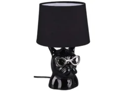 Coole Tischleuchte DOSY Keramik Hund, Stoffschirm Schwarz, Höhe 29cm