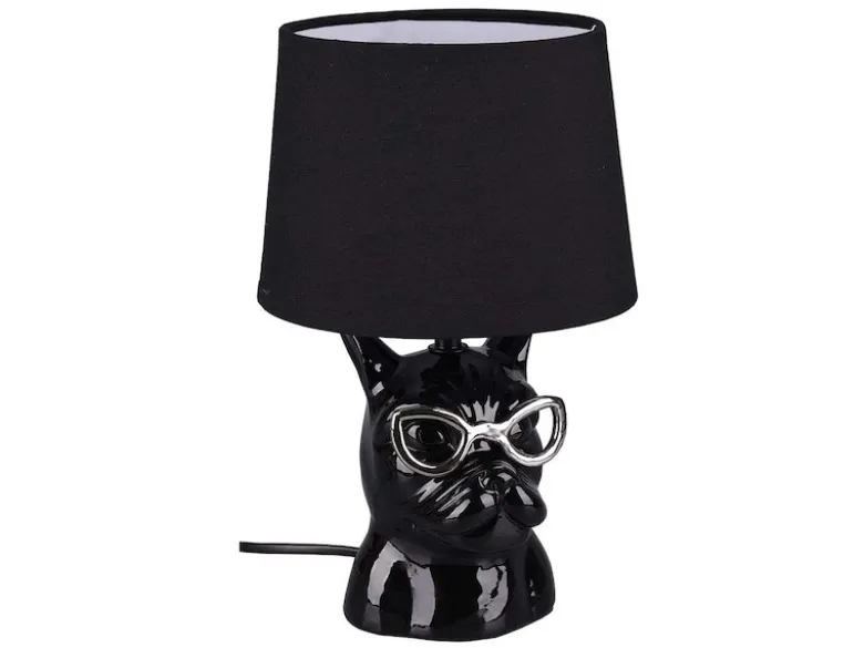 Coole Tischleuchte DOSY Keramik Hund, Stoffschirm Schwarz, Höhe 29cm