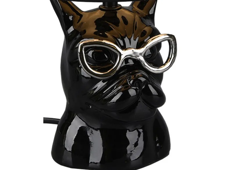 Coole Tischleuchte DOSY Keramik Hund, Stoffschirm Schwarz, Höhe 29cm