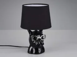 Coole Tischleuchte DOSY Keramik Hund, Stoffschirm Schwarz, Höhe 29cm