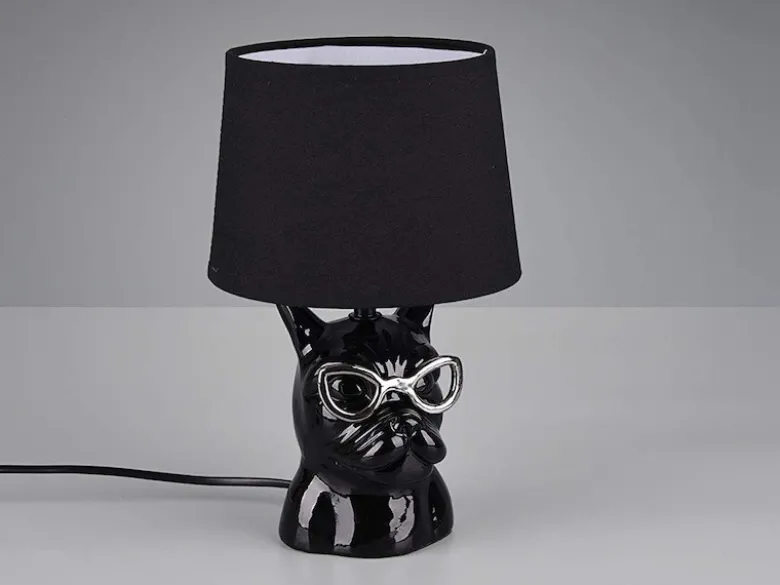 Coole Tischleuchte DOSY Keramik Hund, Stoffschirm Schwarz, Höhe 29cm