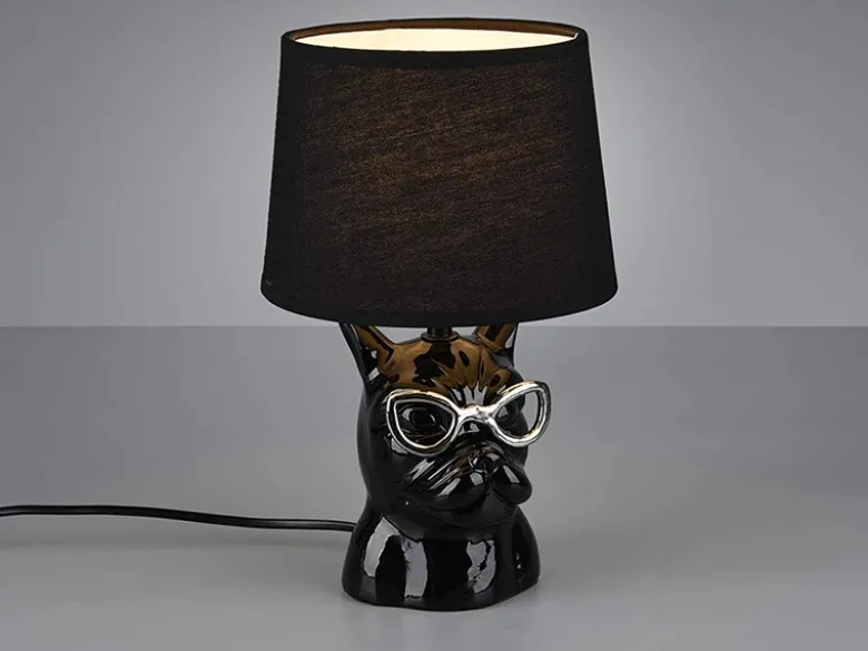 Coole Tischleuchte DOSY Keramik Hund, Stoffschirm Schwarz, Höhe 29cm