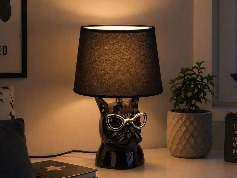 Coole Tischleuchte DOSY Keramik Hund, Stoffschirm Schwarz, Höhe 29cm