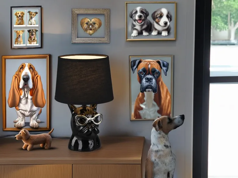 Coole Tischleuchte DOSY Keramik Hund, Stoffschirm Schwarz, Höhe 29cm