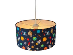 Coole Weltall Hängelampe für Kinderzimmer mit Stoffschirm, bunt Ø 35cm