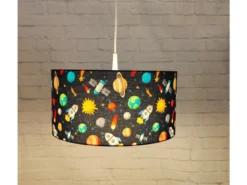 Coole Weltall Hängelampe für Kinderzimmer mit Stoffschirm, bunt Ø 35cm