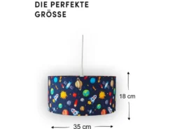 Coole Weltall Hängelampe für Kinderzimmer mit Stoffschirm, bunt Ø 35cm