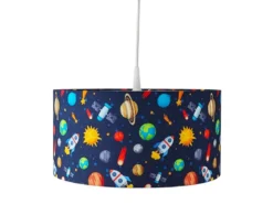 Coole Weltraum LED Hängelampe für Kinderzimmer mit Stoffschirm, bunt Ø 35cm