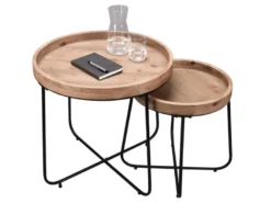 Couchtisch 2 teilig rund Metallgestell Schwarz, Tischplatte Holzoptik