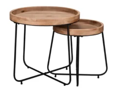 Couchtisch 2 teilig rund Metallgestell Schwarz, Tischplatte Holzoptik