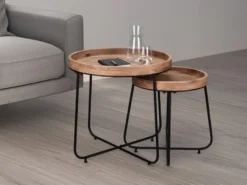 Couchtisch 2 teilig rund Metallgestell Schwarz, Tischplatte Holzoptik