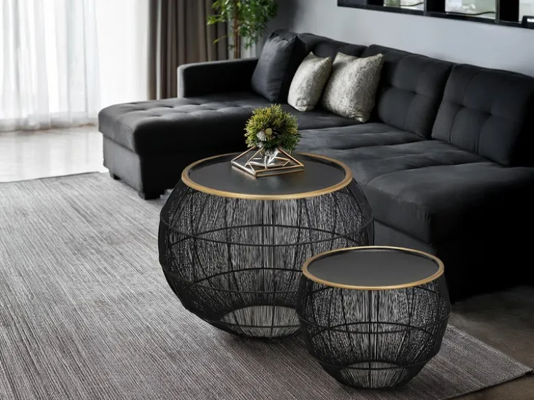 Couchtisch MIKA 2 teilig - Korbtisch Metall in Schwarz mit Goldakzenten