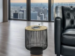 Couchttisch 2 teilig Korbtisch Metall Schwarz mit Tischplatte Gold, Höhe 46cm