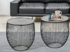 Couchttisch 2 teilig Korbtisch Metall Schwarz mit Tischplatte Silber, Höhe 42cm