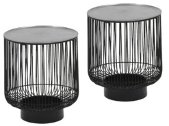 Couchttisch 2 teilig Korbtisch Metall Schwarz mit Tischplatte Silber, Höhe 46cm