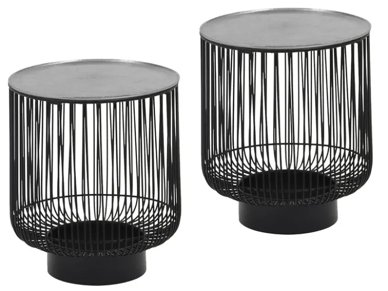 Couchttisch 2 teilig Korbtisch Metall Schwarz mit Tischplatte Silber, Höhe 46cm