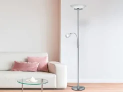 Deckenfluter GERRY mit Flex Leselampe, Silber & Glasschirm Weiß, Höhe 180cm