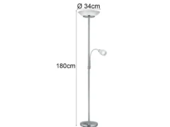 Deckenfluter GERRY mit Flex Leselampe, Silber & Glasschirm Weiß, Höhe 180cm
