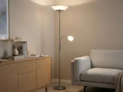Deckenfluter GERRY mit Flex Leselampe, Silber & Glasschirm Weiß, Höhe 180cm