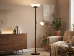 Deckenfluter GERRY mit Flex Leselampe, Rostoptik & Glas Weiß, Höhe 180cm