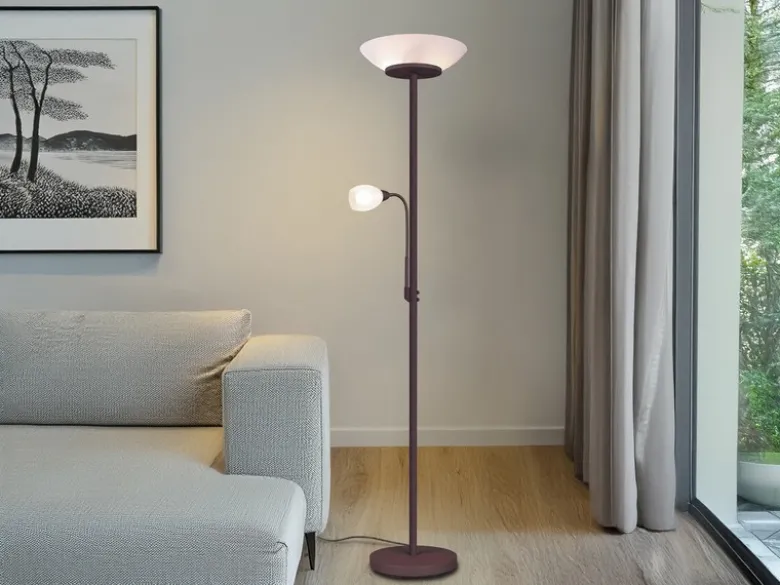 Deckenfluter GERRY mit Flex Leselampe, Rostoptik & Glas Weiß, Höhe 180cm