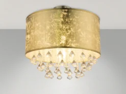 Deckenleuchte AMY mit Stoff Lampenschirm Gold & Kristall Behang, Ø 40cm