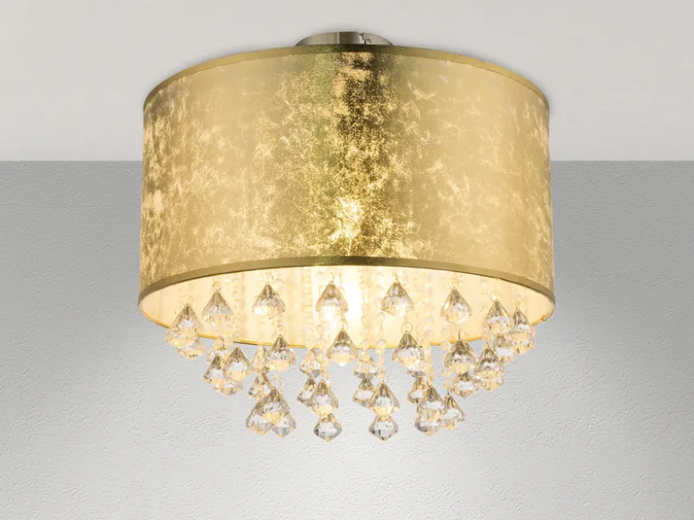 Deckenleuchte AMY mit Stoff Lampenschirm Gold & Kristall Behang, Ø 40cm