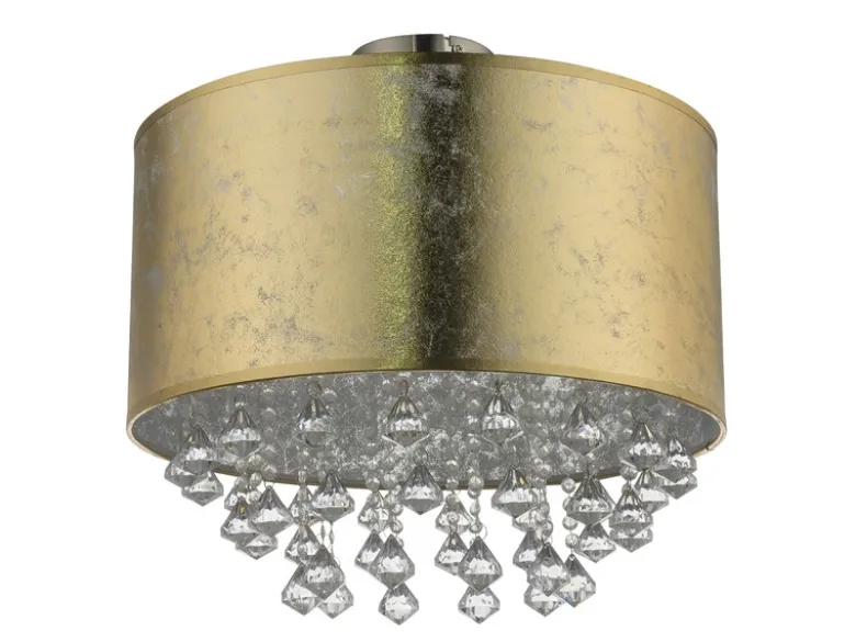 Deckenleuchte AMY mit Stoff Lampenschirm Gold & Kristall Behang, Ø 40cm