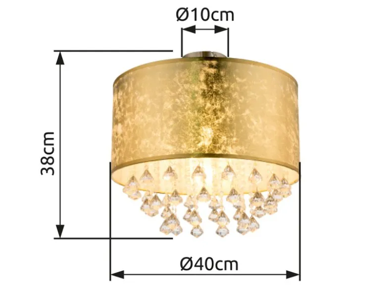 Deckenleuchte AMY mit Stoff Lampenschirm Gold & Kristall Behang, Ø 40cm