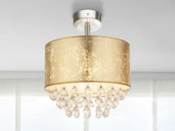 Deckenleuchte AMY mit Stoff Lampenschirm Gold & Kristall Behang, Ø 40cm